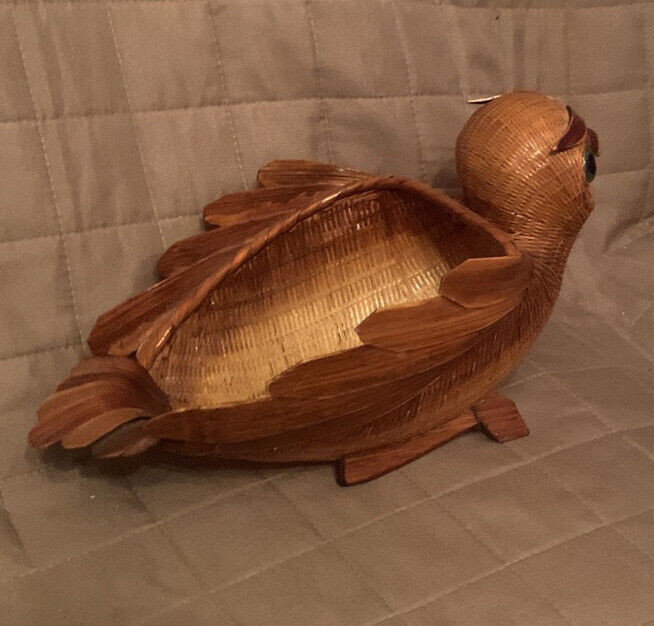 Vintage 27cm Owl Basket Woven Handmade Oriental Style Bowl Holder Green Bead Eye