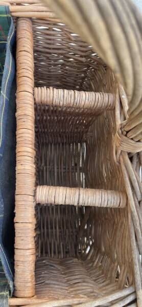 Vintage Picnic Basket 60cm Open Green Tartan Plaid Check Liner 3 Bottle AE65