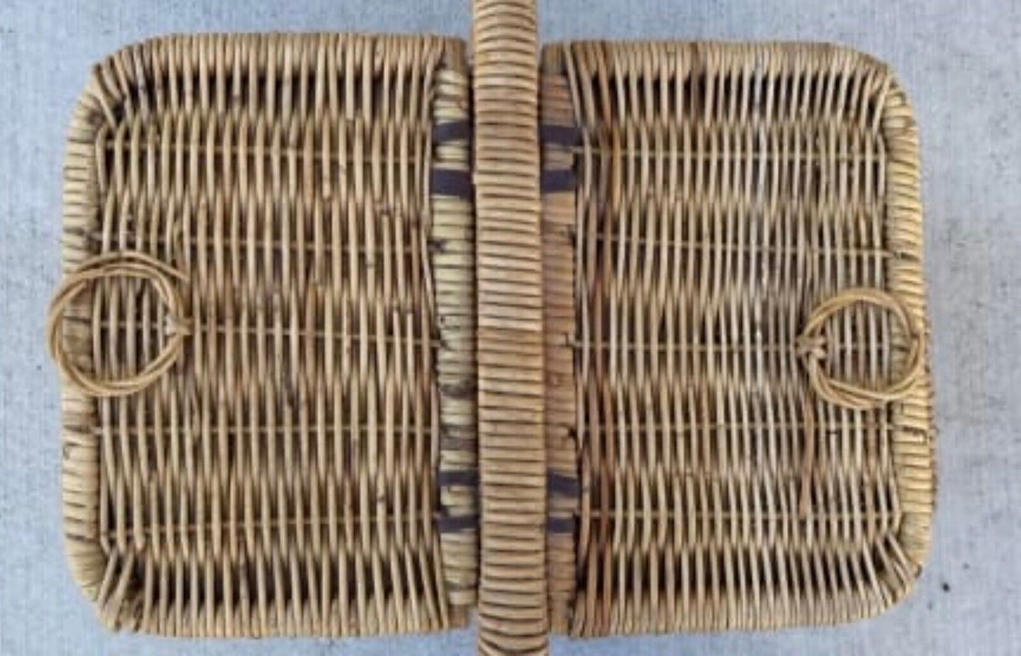 Vintage Picnic Basket 47cm BAMBOO CANE HAMPER FRENCH 2 Lids Leather Binding AE47