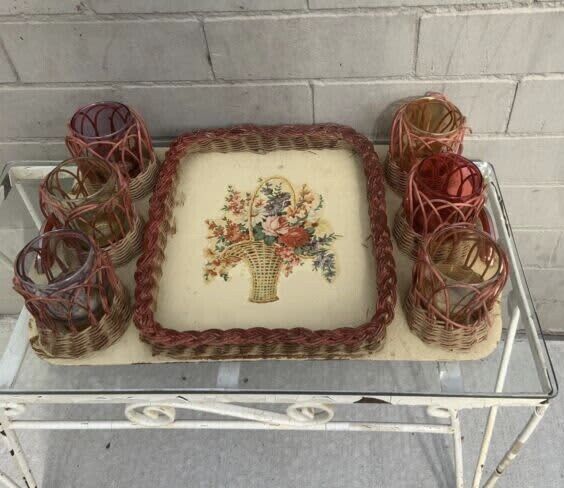 1950’s Wicker Tray Glass Holders Set Bakelite handles 6 handmade colour glasses