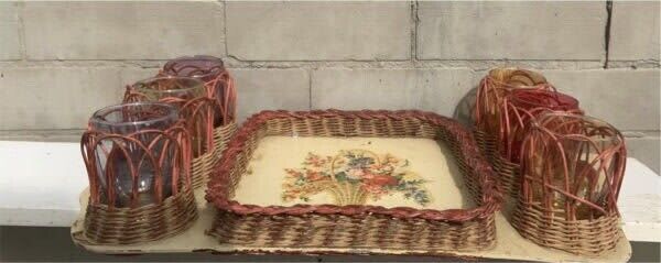 1950’s Wicker Tray Glass Holders Set Bakelite handles 6 handmade colour glasses