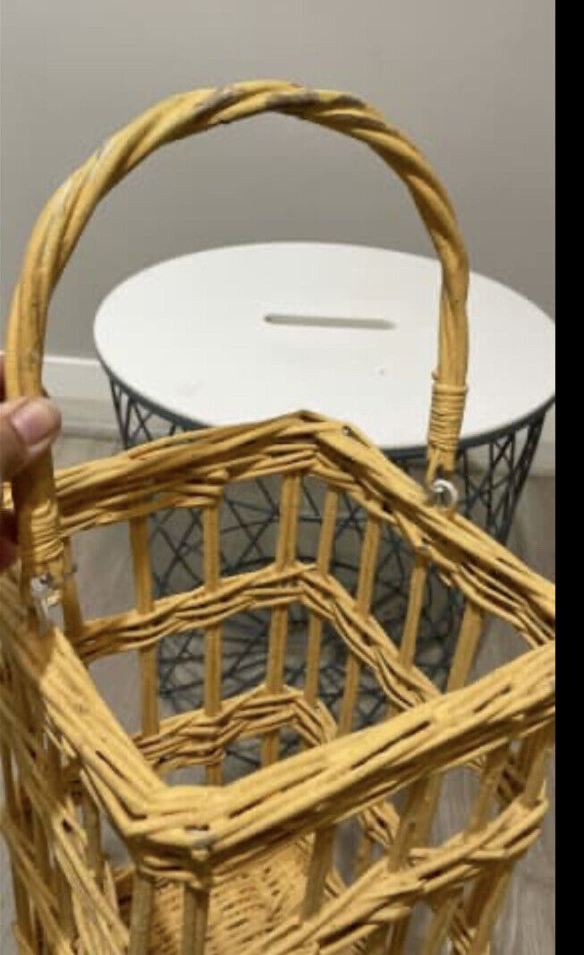 Cane Bamboo Basket Coastal Vintage 30.5cm Yellow Painted Woven Hanging AE184