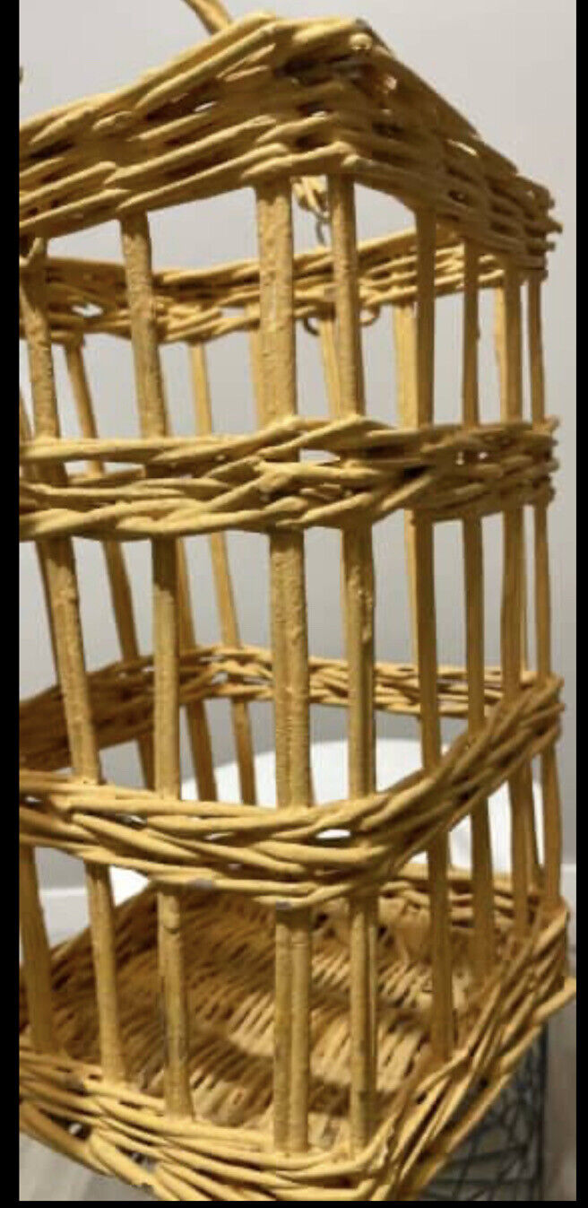 Cane Bamboo Basket Coastal Vintage 30.5cm Yellow Painted Woven Hanging AE184
