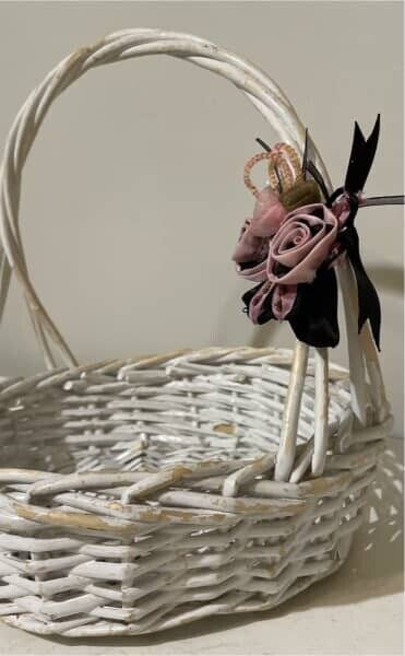 Cane Basket Distressed 34cm White Willow Flower Girl Country Floral Trim AE332