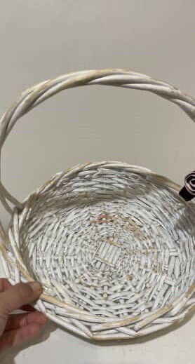 Cane Basket Distressed 34cm White Willow Flower Girl Country Floral Trim AE332