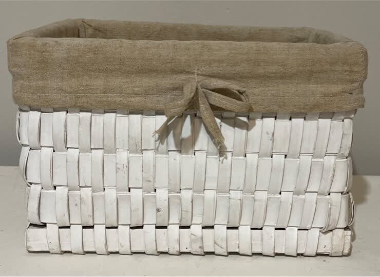 Cane Storage Basket Coastal Heavy 30.5cm White Woven Split Lined Hamper AE335