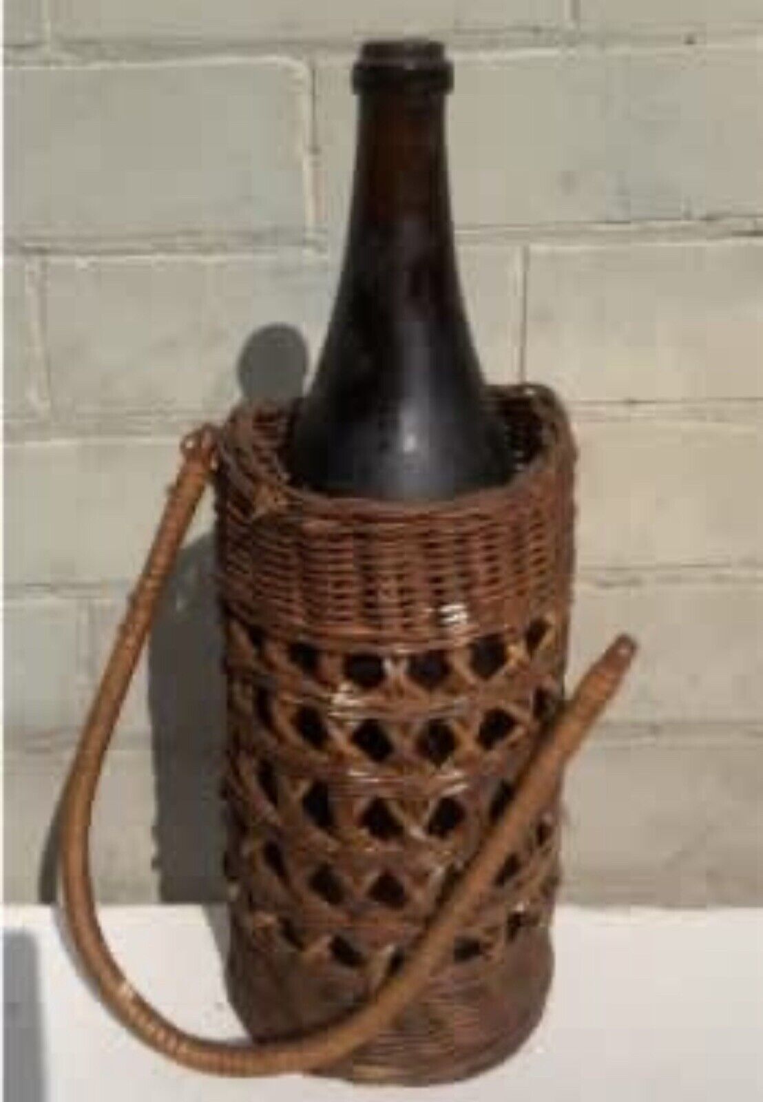 Basket + Bottle Handle 32cm 1970’s Hand Woven Wicker Cane Holder Farmhouse Decor