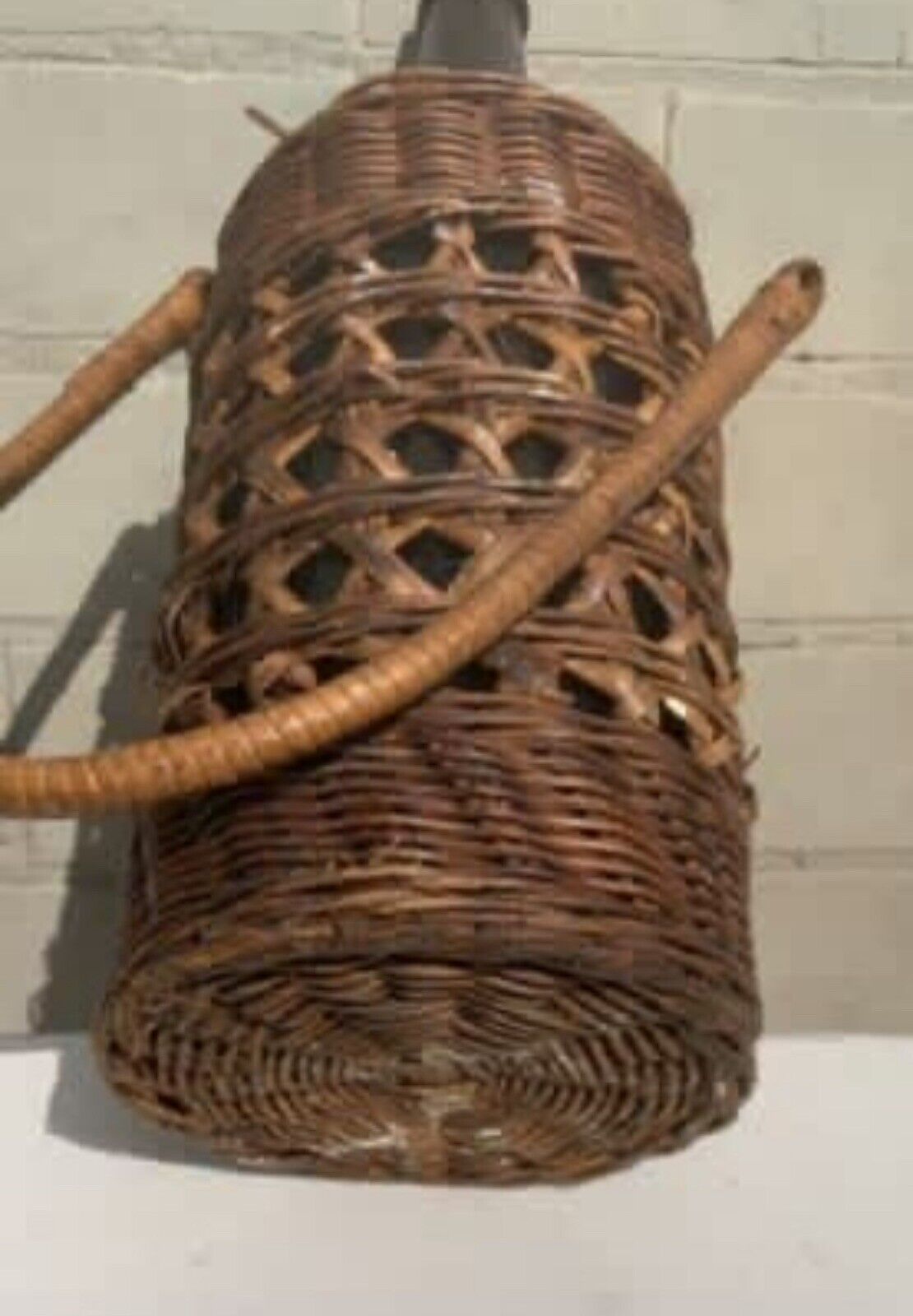 Basket + Bottle Handle 32cm 1970’s Hand Woven Wicker Cane Holder Farmhouse Decor