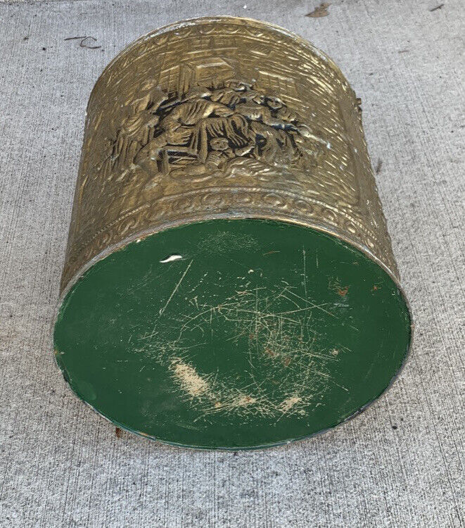 Vintage Pressed Brass Medieval Bordello Scene Bucket Pail Hamper Plastic Lining