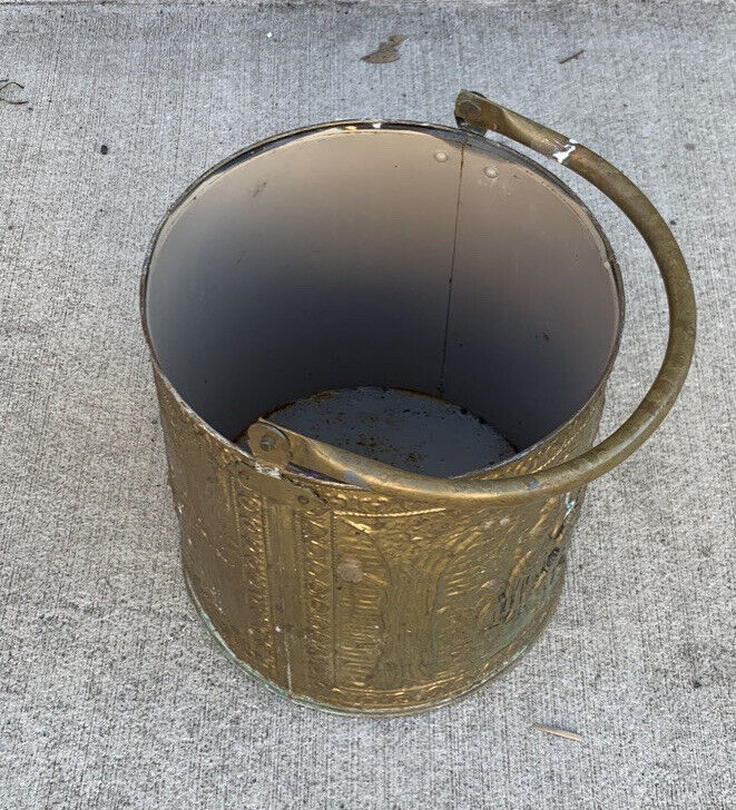 Vintage Pressed Brass Medieval Bordello Scene Bucket Pail Hamper Plastic Lining