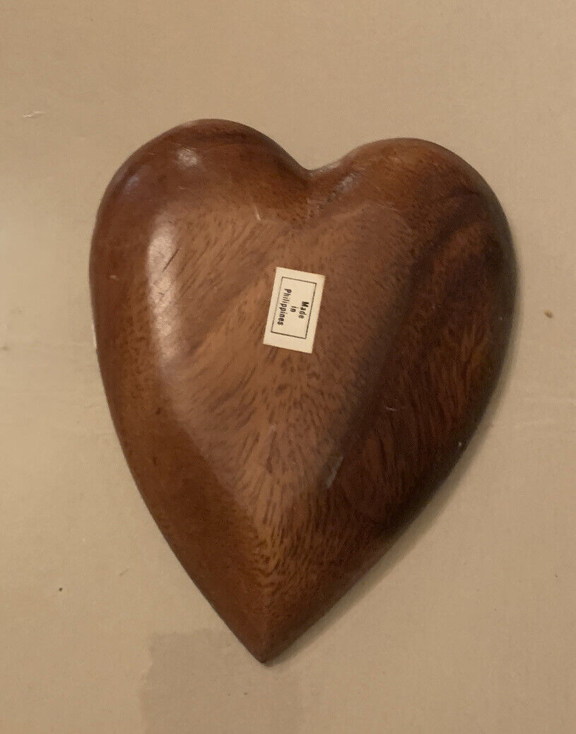 Vintage MCM Wooden Heart Trinket Dish Hand Carved Bowl W Shell from Philippines