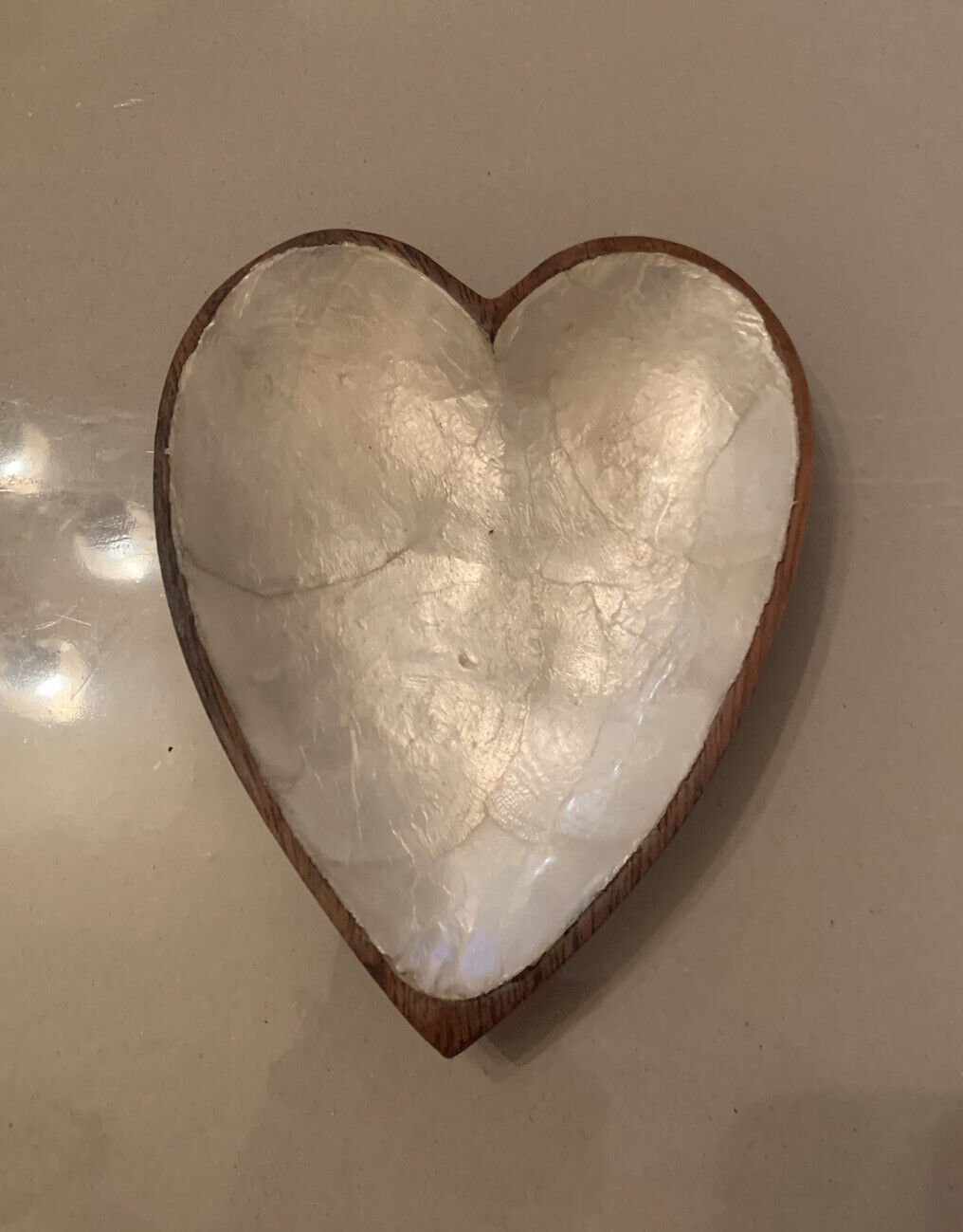 Vintage MCM Wooden Heart Trinket Dish Hand Carved Bowl W Shell from Philippines