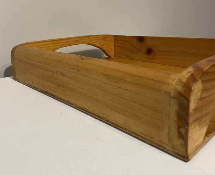 Retro 42cm Polished Solid Pine Wood Serving Tray w Handles Grips AE298