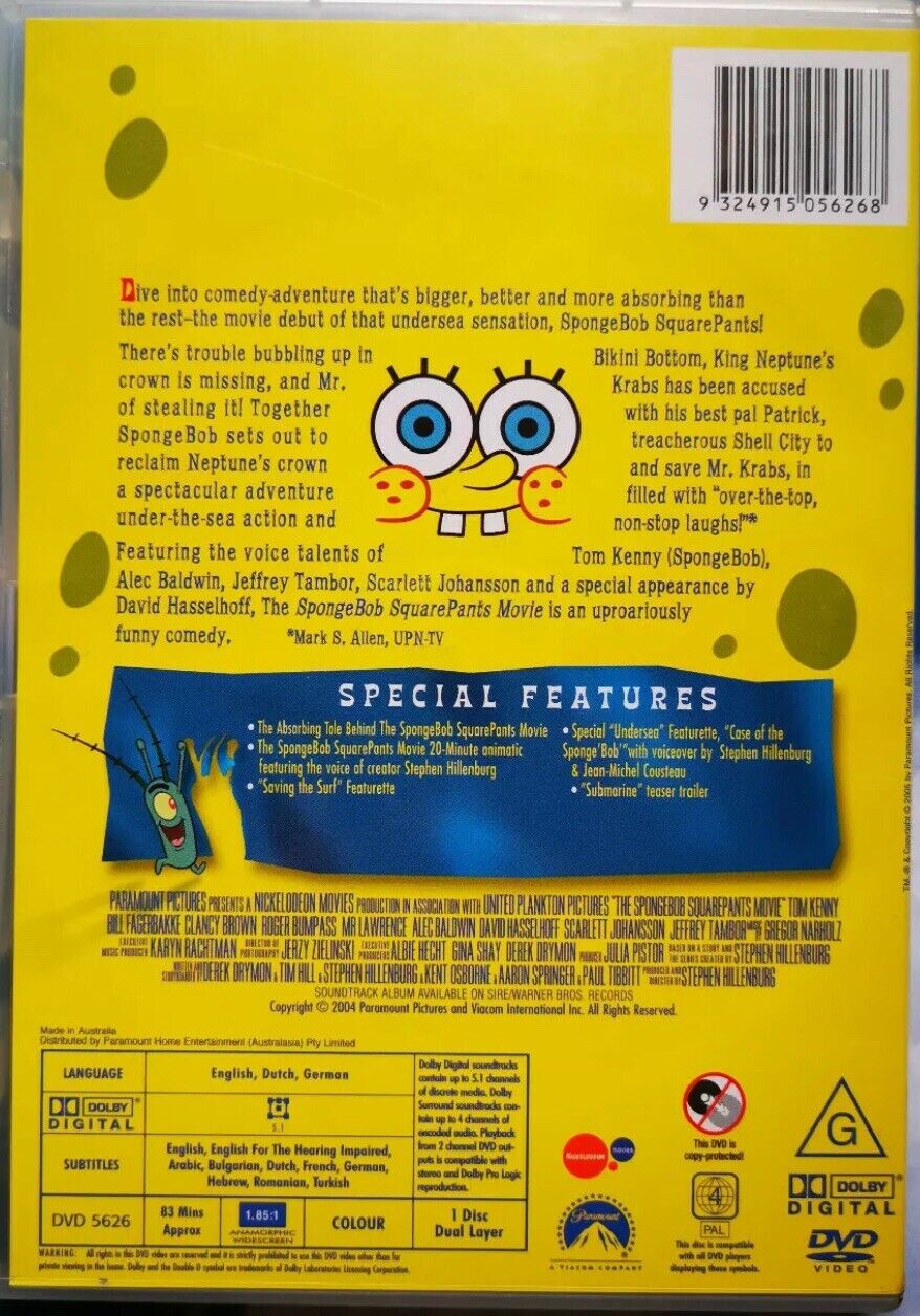DVD SPONGEBOB SQUAREPANTS The Movie 2005 Like New Animated Cartoon Kids