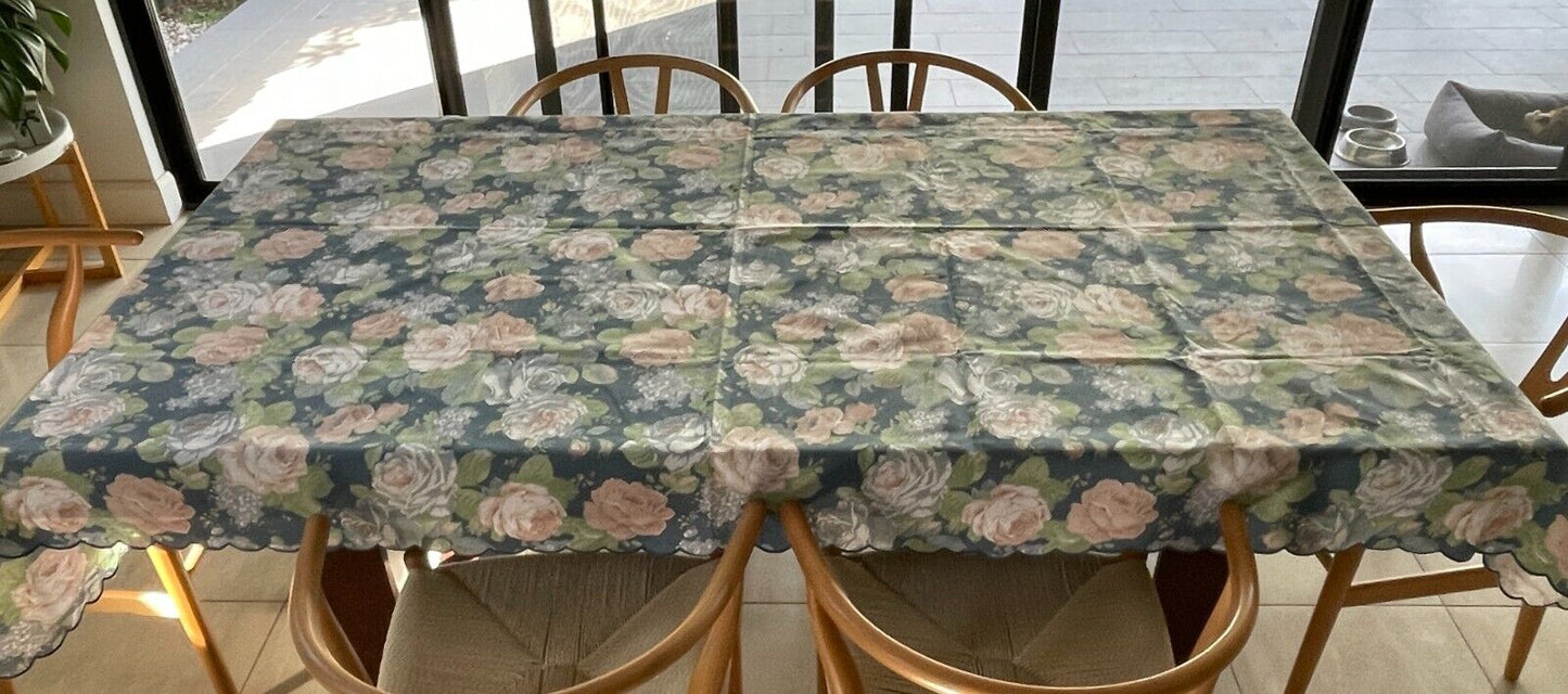 TABLE CLOTH Vintage 1980s Pastel Floral Print Scalloped Trim Rectangle 152x256cm