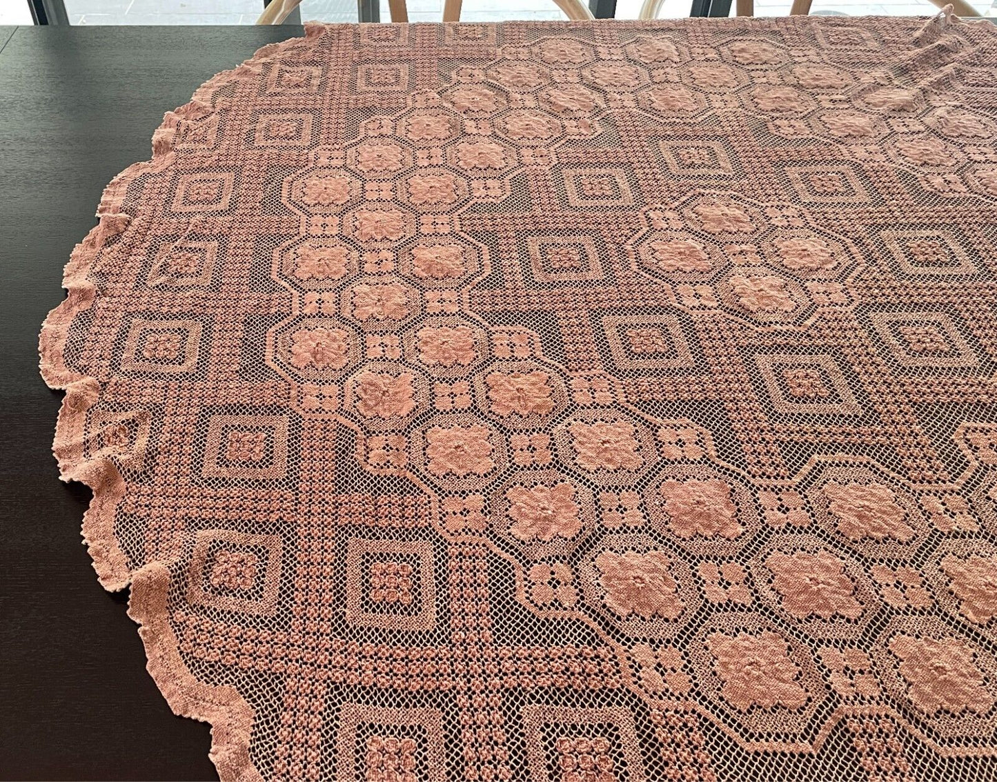 TABLE CLOTH 1970s Light Brown Cotton Round Wall Hanging 141cm Diameter