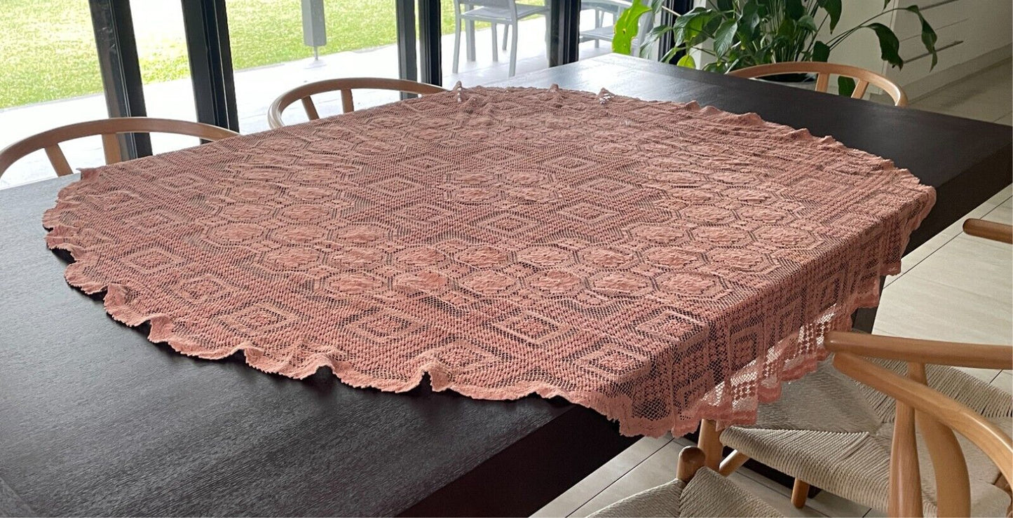 TABLE CLOTH 1970s Light Brown Cotton Round Wall Hanging 141cm Diameter