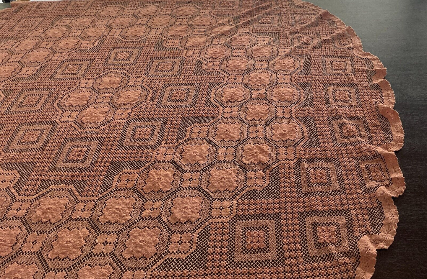 TABLE CLOTH 1970s Light Brown Cotton Round Wall Hanging 141cm Diameter
