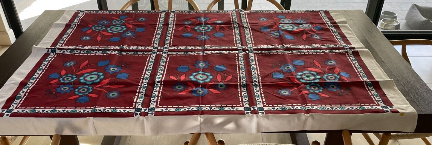 TABLE CLOTH Vintage 1960'S Cotton Maroon Retro Floral Print 127 x 172cm