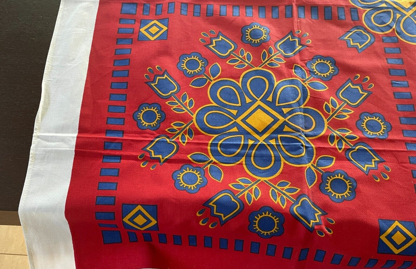 TABLE CLOTH Vintage 1960'S Cotton Maroon Gold Blue Floral Print 127 x 172cm