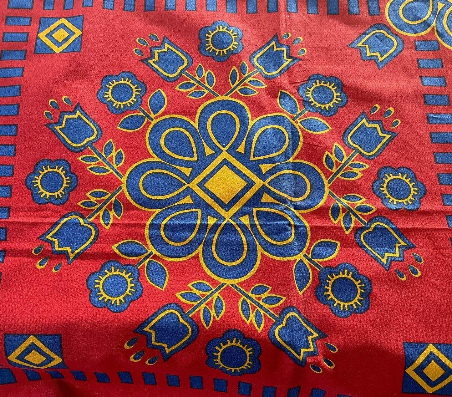 TABLE CLOTH Vintage 1960'S Cotton Maroon Gold Blue Floral Print 127 x 172cm