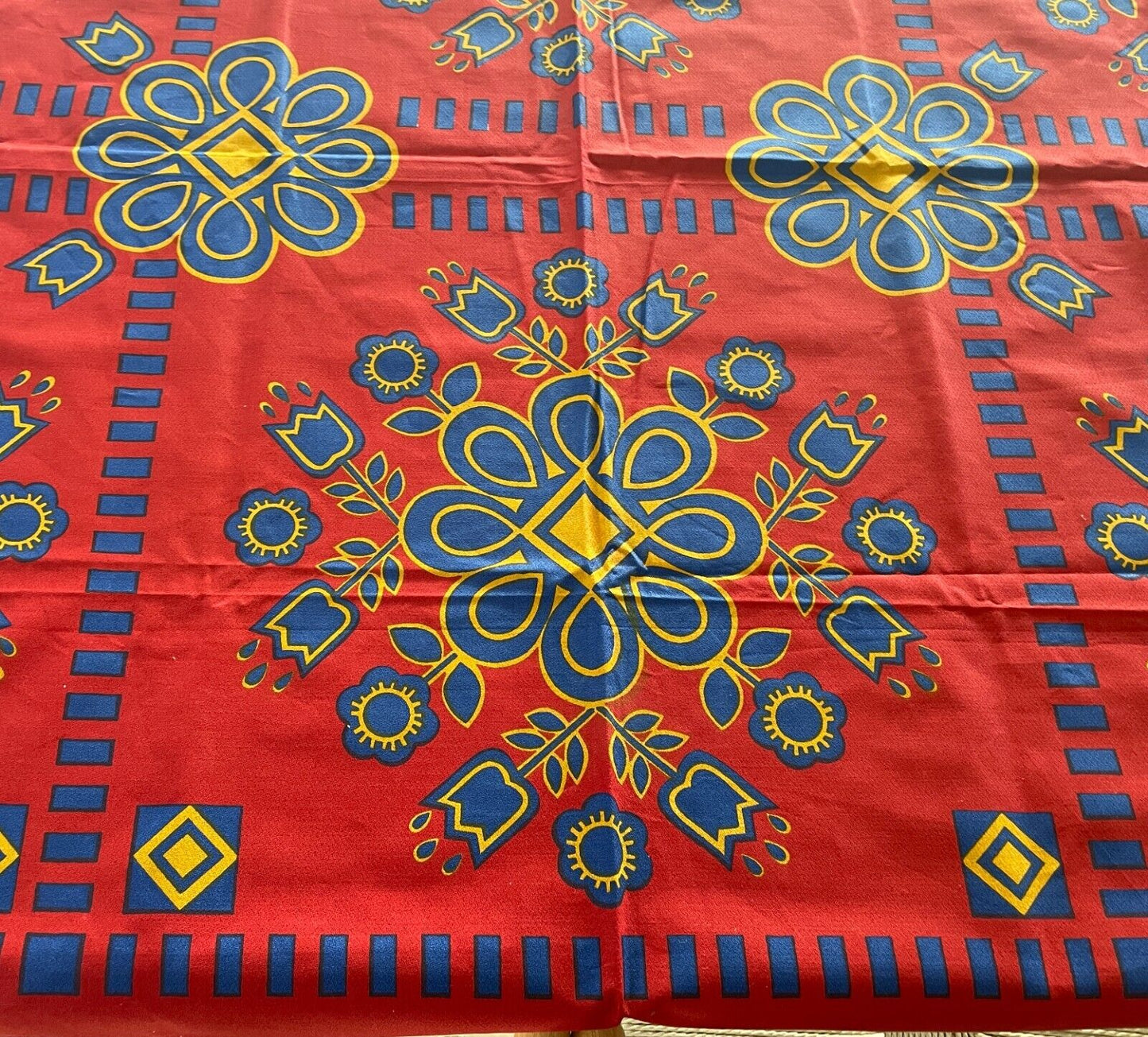 TABLE CLOTH Vintage 1960'S Cotton Maroon Gold Blue Floral Print 127 x 172cm
