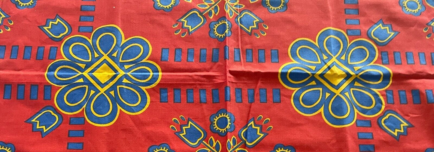 TABLE CLOTH Vintage 1960'S Cotton Maroon Gold Blue Floral Print 127 x 172cm