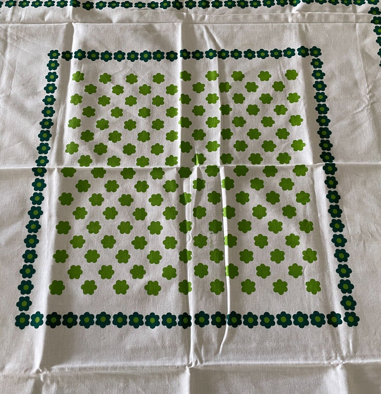 TABLE CLOTH Vintage 1960'S Cotton Green Orange Yellow Floral Print 129 x 124cm