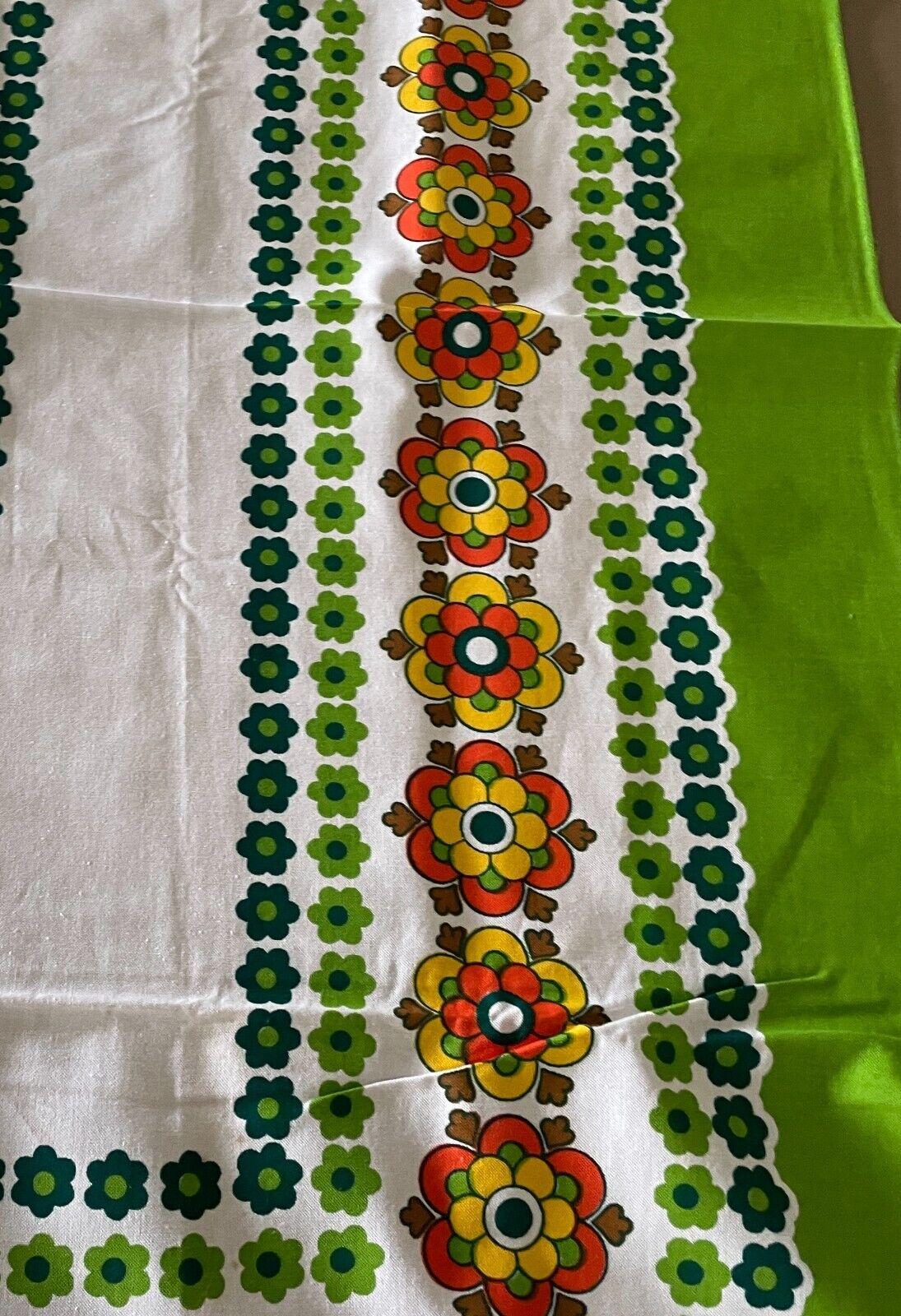 TABLE CLOTH Vintage 1960'S Cotton Green Orange Yellow Floral Print 129 x 124cm