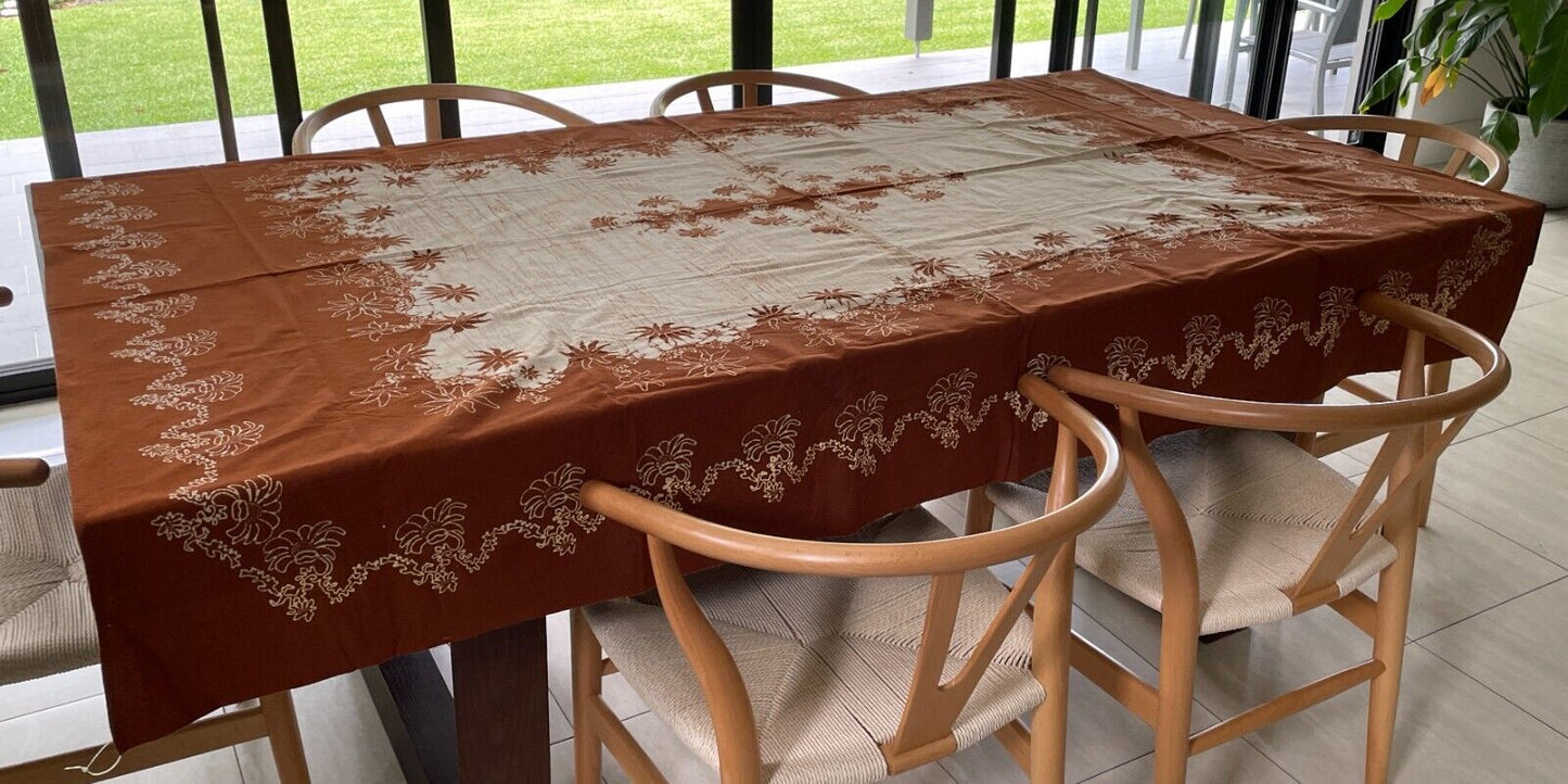 TABLE CLOTH + 6 Napkins 34cm Set 1960s Brown Off White Batik 201 x 153cm