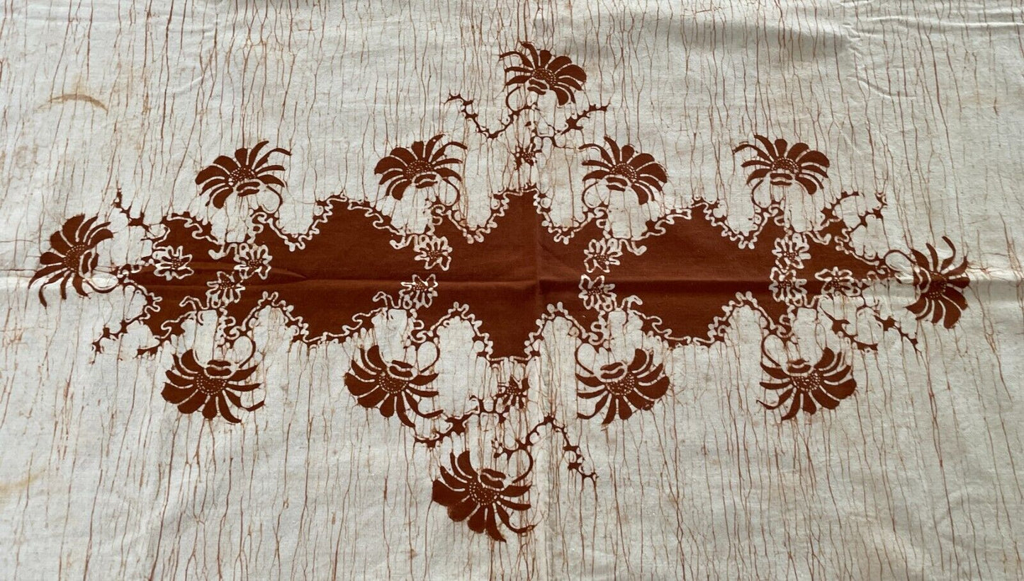 TABLE CLOTH + 6 Napkins 34cm Set 1960s Brown Off White Batik 201 x 153cm