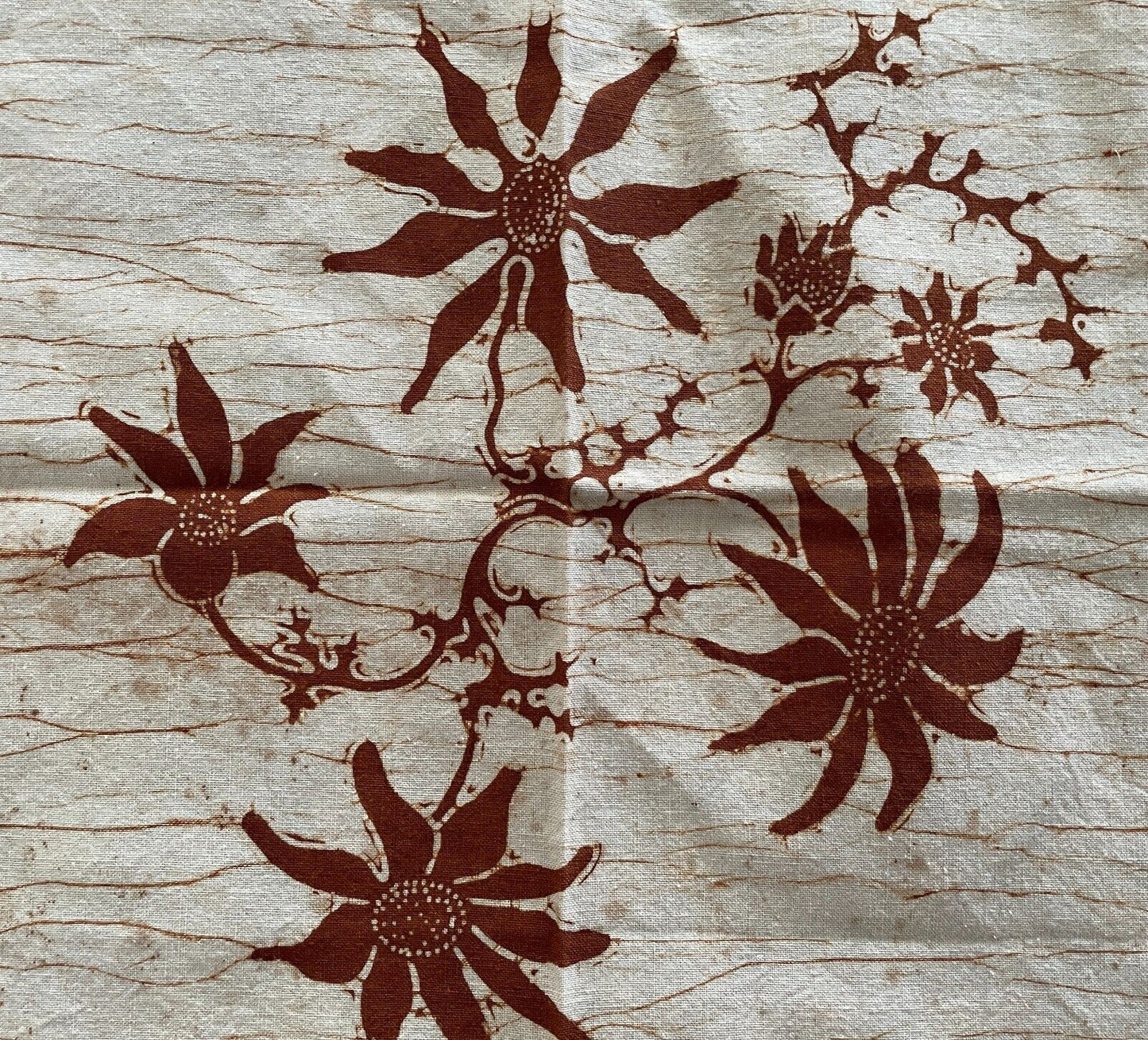 TABLE CLOTH + 6 Napkins 34cm Set 1960s Brown Off White Batik 201 x 153cm