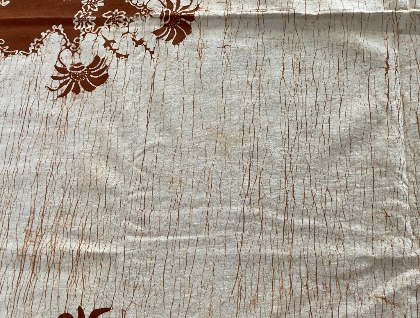 TABLE CLOTH + 6 Napkins 34cm Set 1960s Brown Off White Batik 201 x 153cm