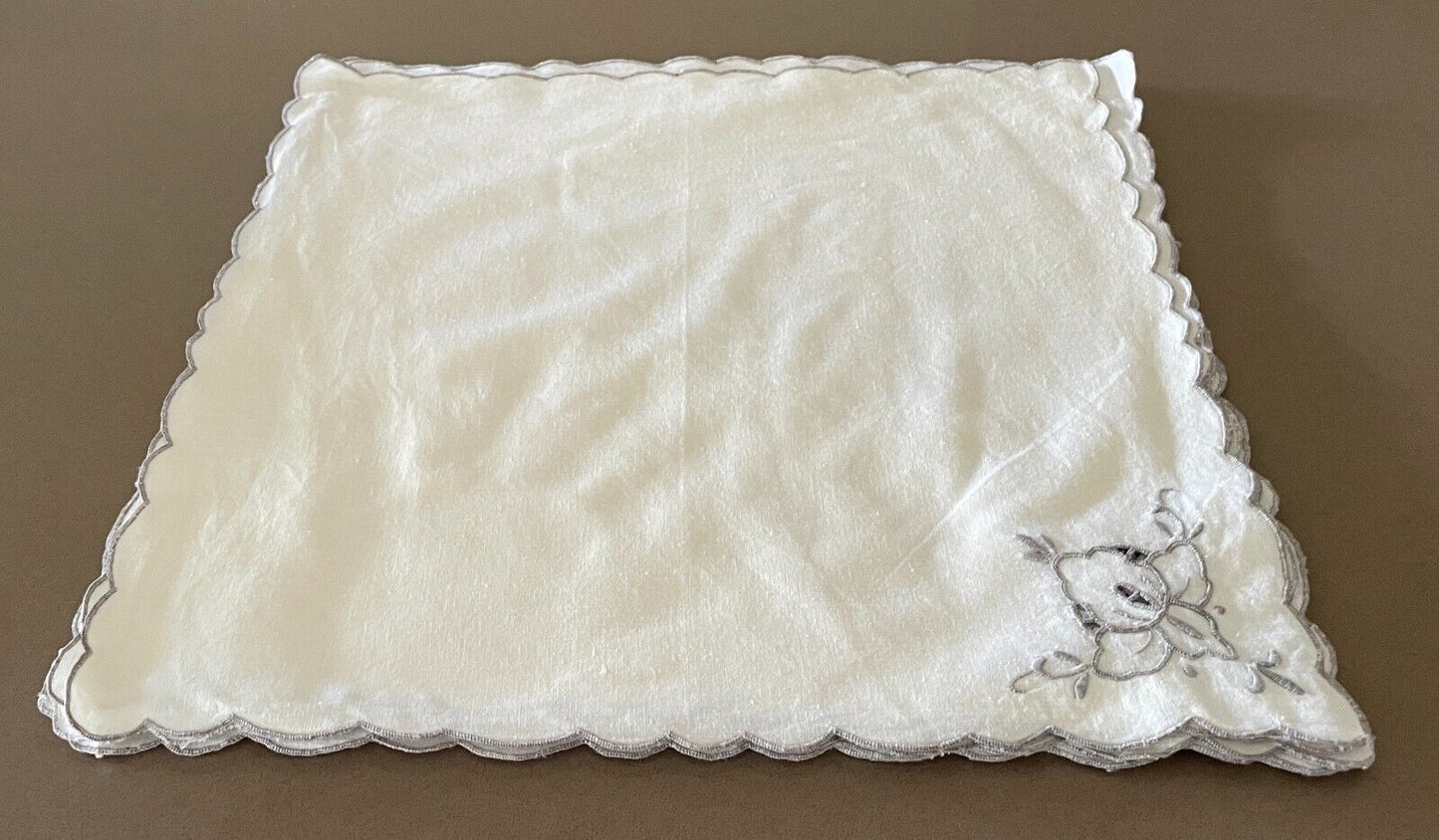 Vintage High Tea NAPKINS Off Set of 11 White Cotton & Grey Embroidered 40cm NEW