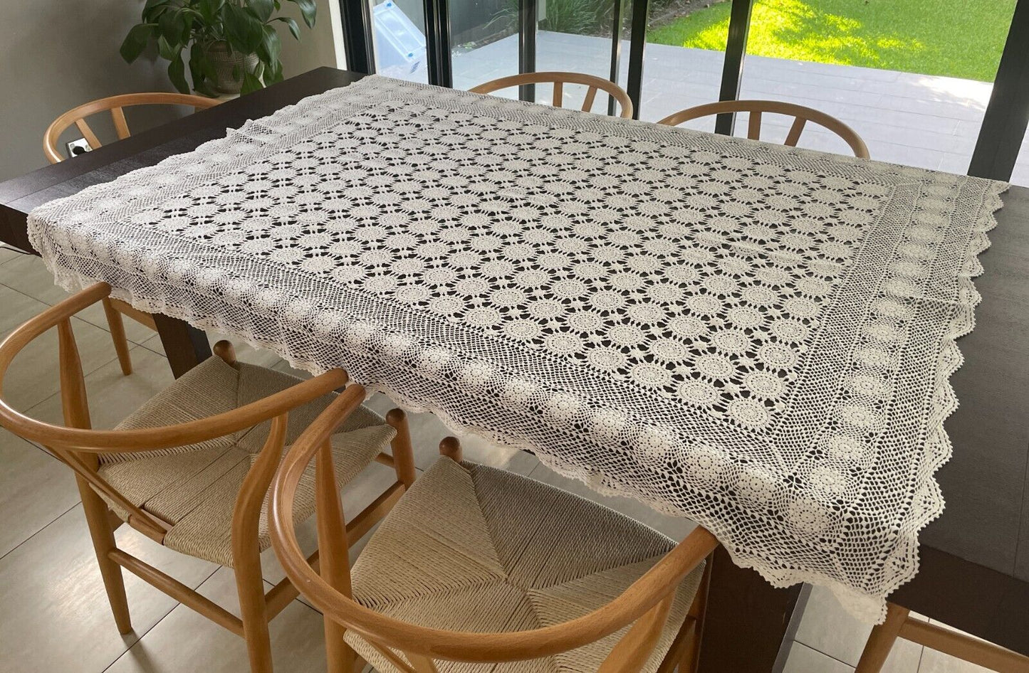 Crochet Lace TABLE CLOTH 1970s White Cotton Rectangle Bedspread 137 x 183cm