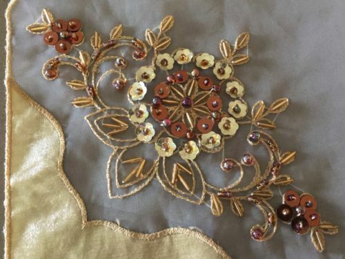 Vintage 2x Organza TABLECLOTH SET Centre + 12 Napkins Gold Bead Sequin NEW