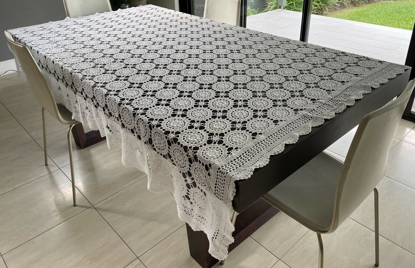 Crochet Lace TABLE CLOTH 1970's White Cotton Rectangle Bedspread 222x171cm