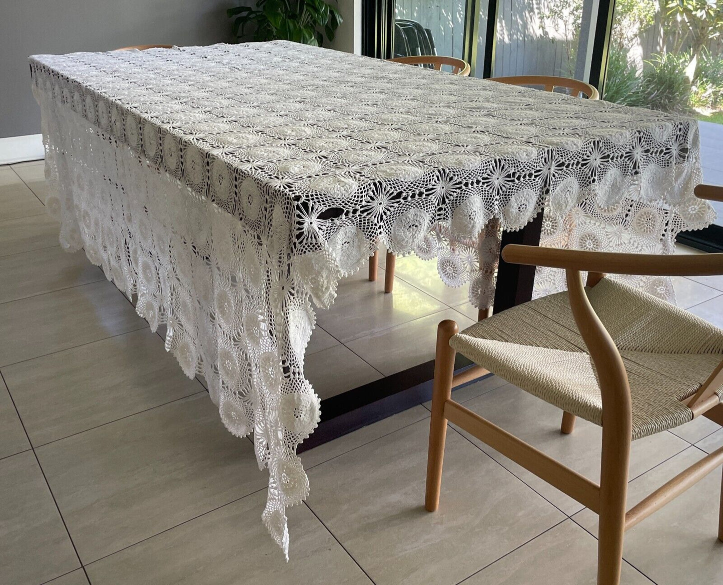 Crochet Lace TABLE CLOTH Bedspread 1970s White Cotton Large 254cm x 349cm