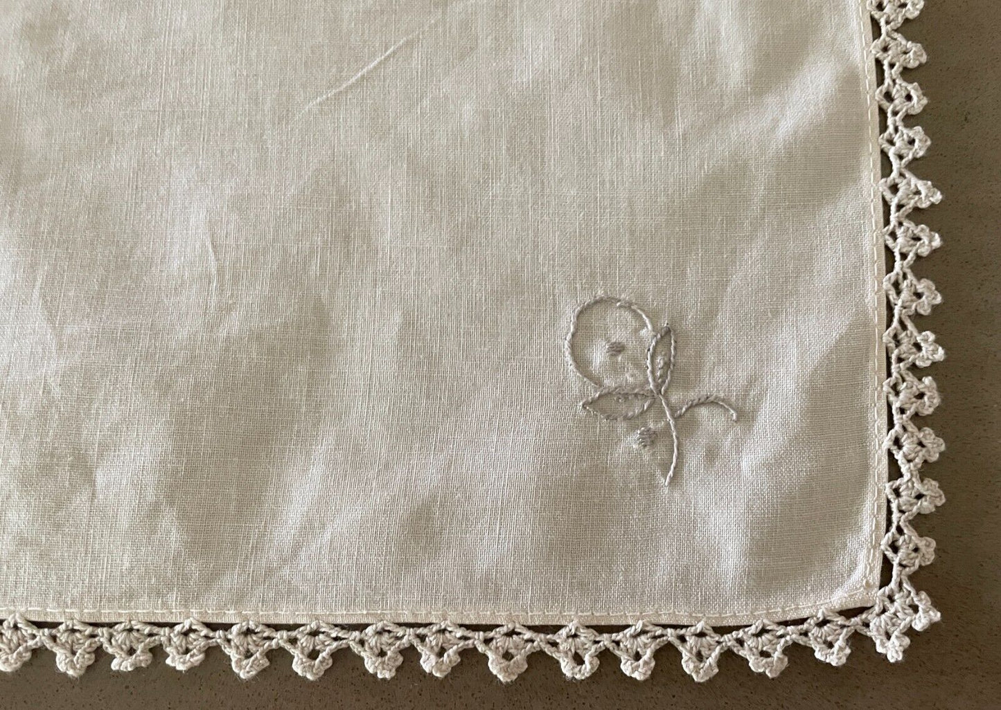 Crochet Edge Vintage NAPKIN Set of 8 Beige Cotton Floral Embroidered 42 x 42cm