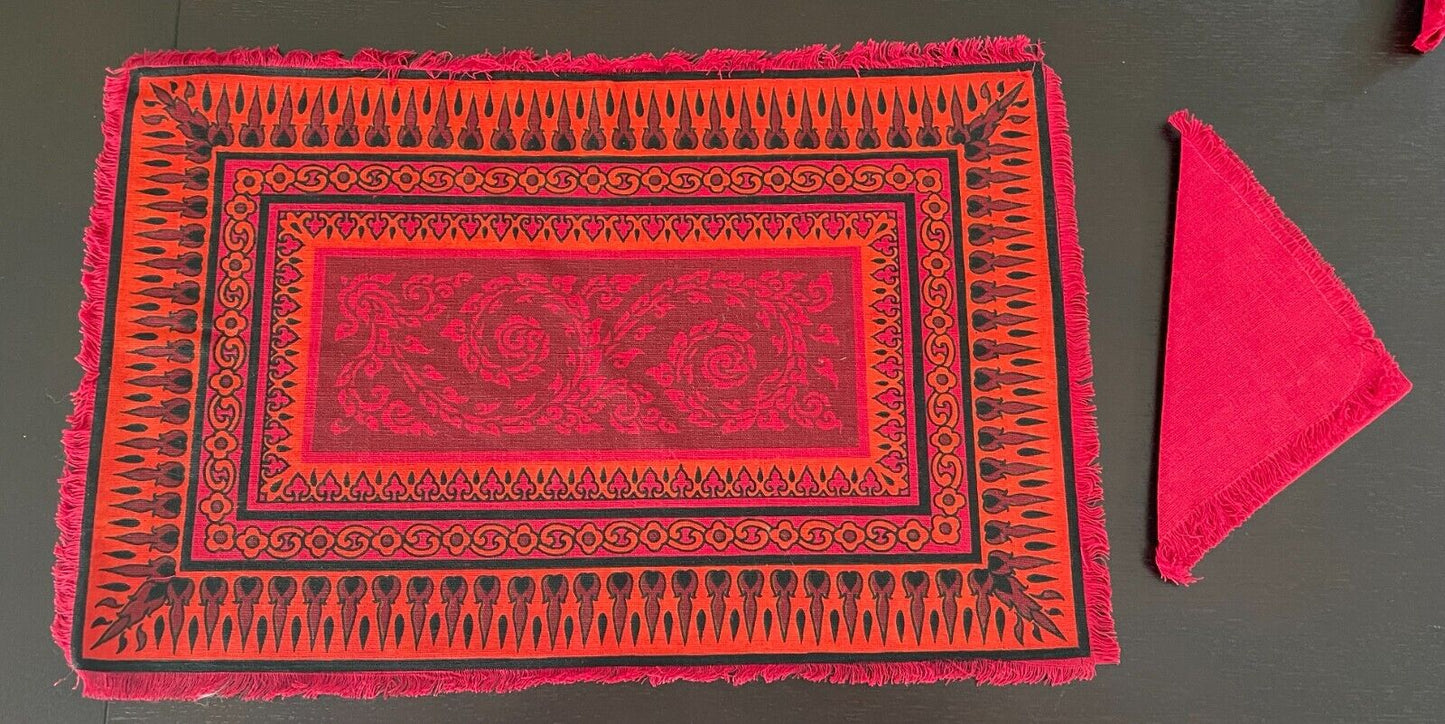 Prince of Siam 8 PLACEMAT & NAPKINS Set Red Orange Black Mandala Thai Cotton NEW