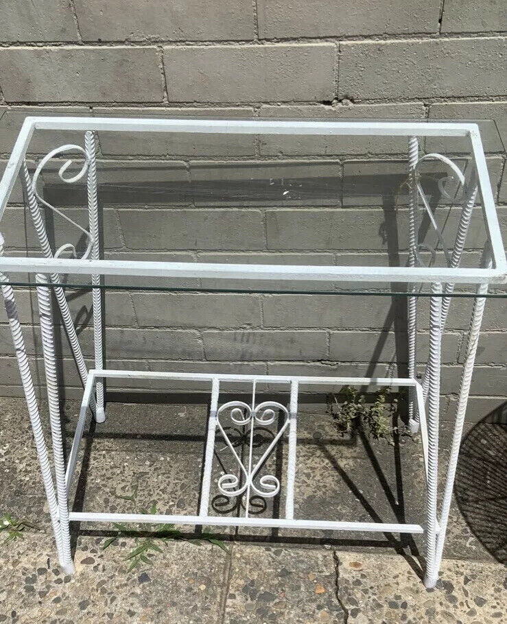 Side Table 1970’s White Wrought Iron Aquarium Stand Patio Hall Or W Glass Top