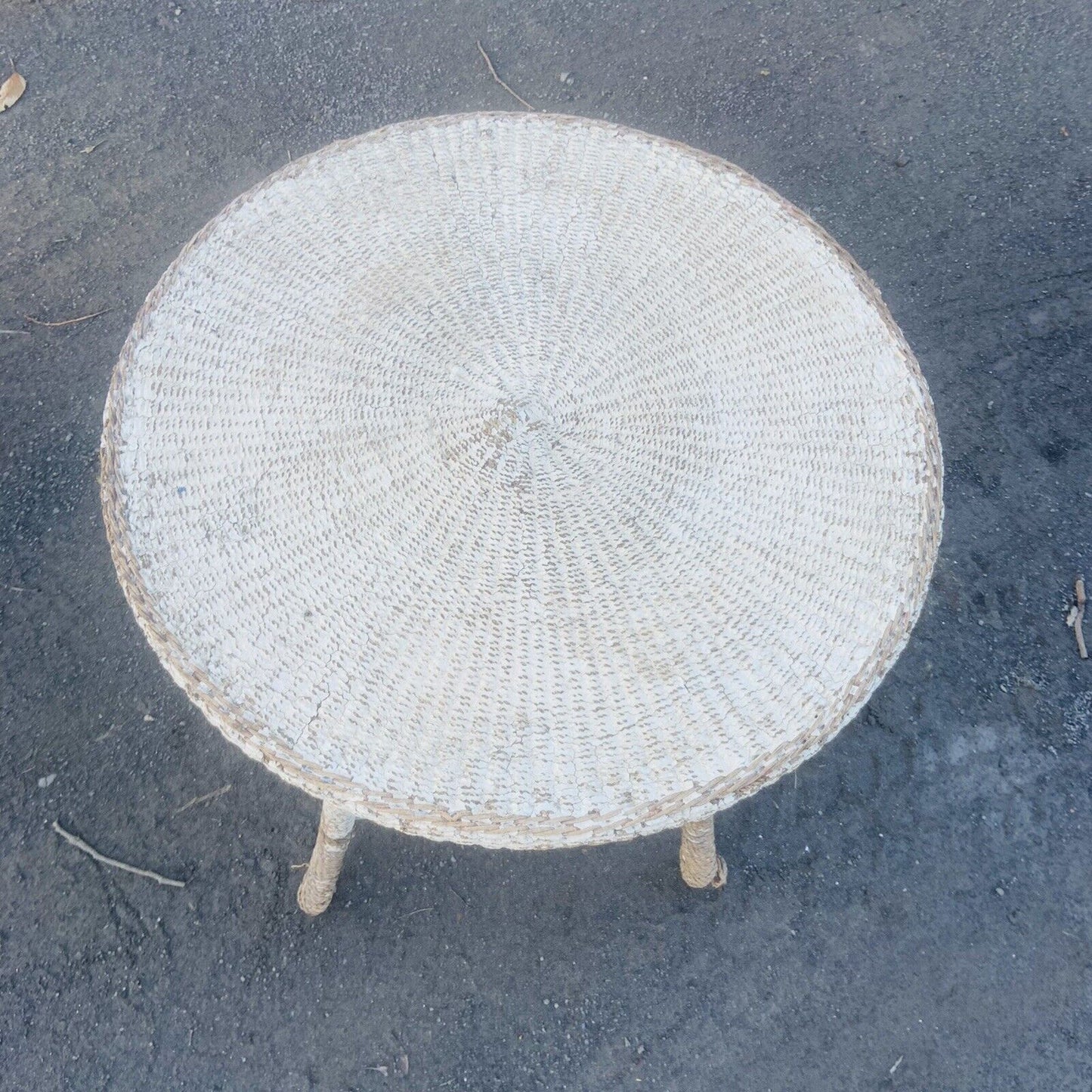 Patio Table Rustic Vintage 1940s Seagrass White Painted Cane Indoor Outdoor
