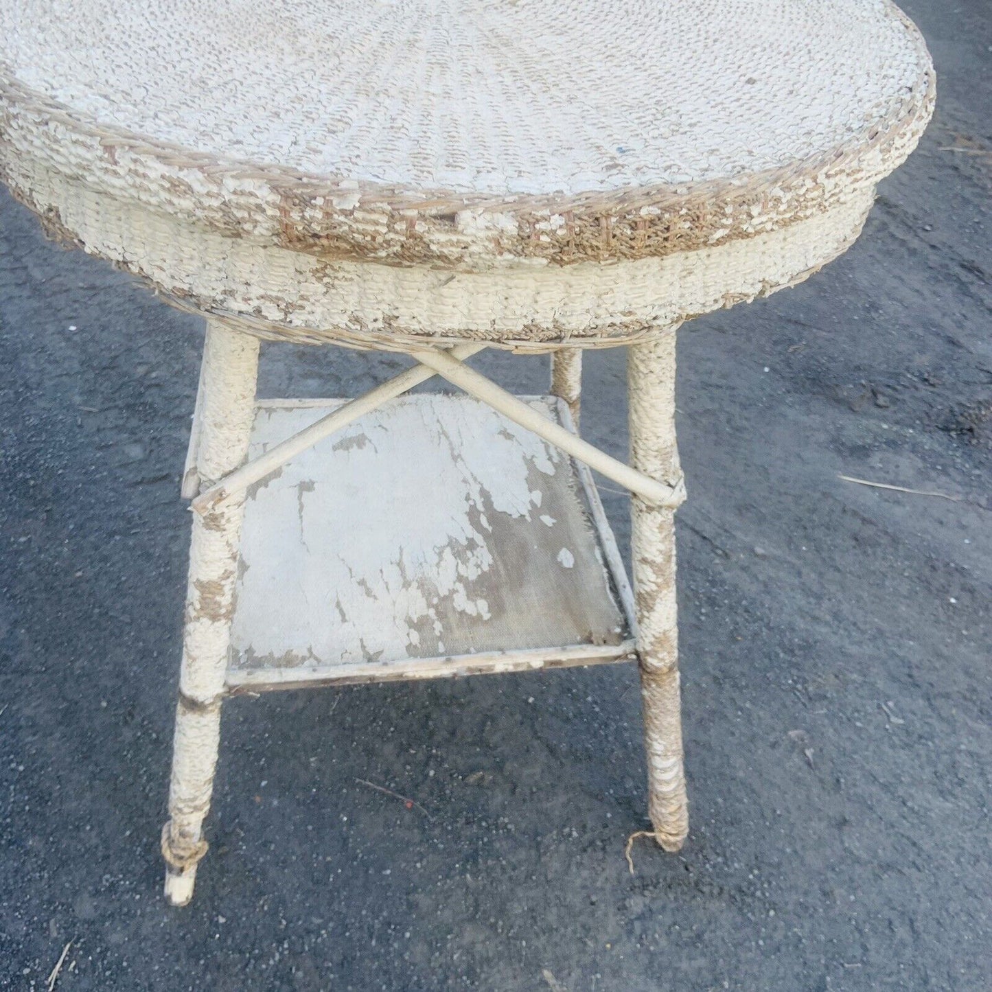 Patio Table Rustic Vintage 1940s Seagrass White Painted Cane Indoor Outdoor