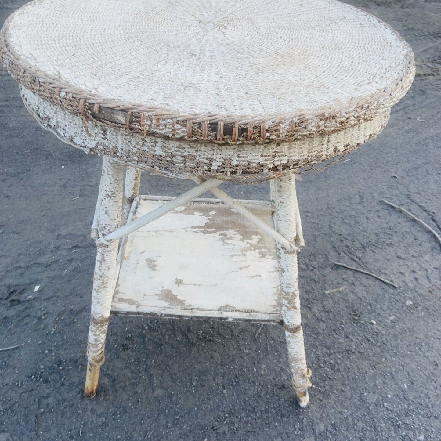 Patio Table Rustic Vintage 1940s Seagrass White Painted Cane Indoor Outdoor