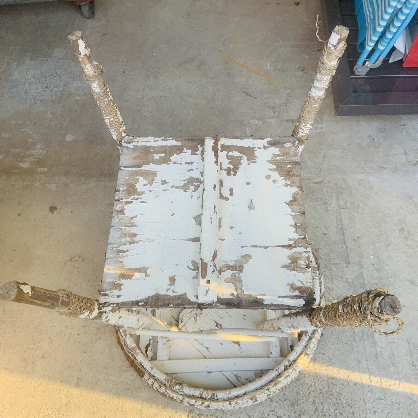 Patio Table Rustic Vintage 1940s Seagrass White Painted Cane Indoor Outdoor