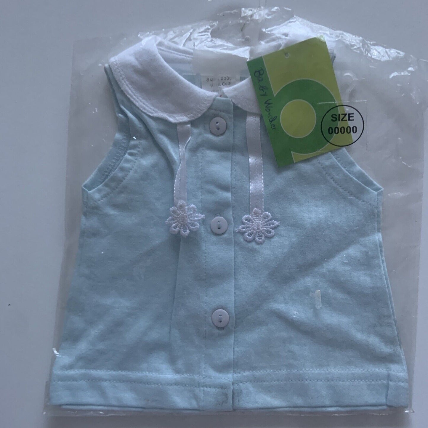 BABY WONDER 00000 Newborn Blue Shirt W Collar White Daisy Sleeveless 3 Buttons