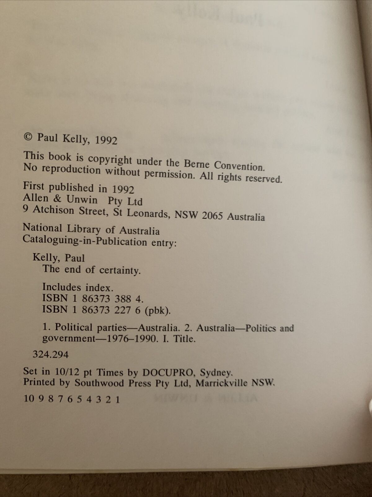 PB Book The END OF CERTAINTY Story of the 1980s Paul Kelly 1992 Aust Politics