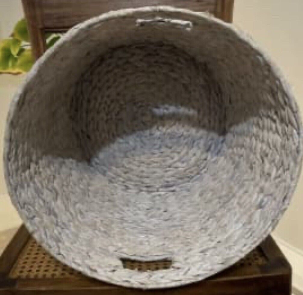 Coastal 36.5cm White Wash Handwoven Straw Storage Basket Hamper 2 Handles AE152