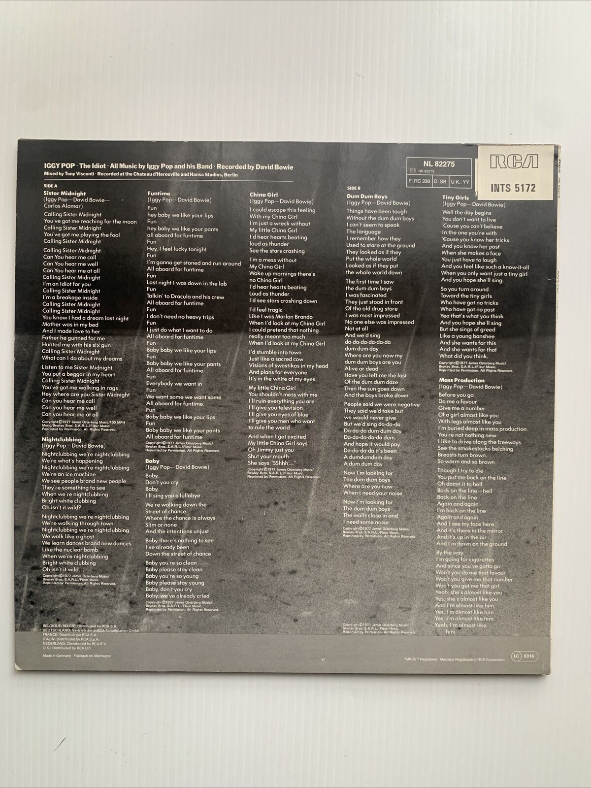 Vinyl LP IGGY PO The Idiot RCA LC0316 Record Reissue 1977 Germany David Bowie