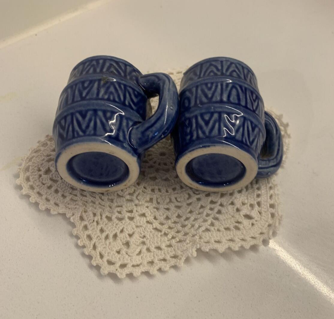Vintage 2x BLUE JAPANESE CHINA SET MINI MUG TOOTHPICK HOLDERS Barrel Shot Glass